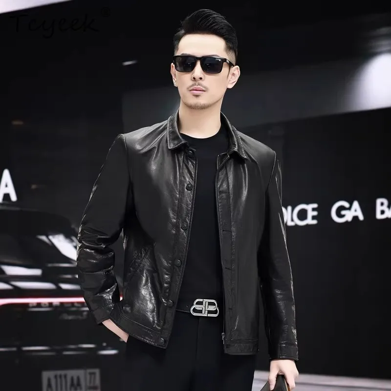 Tcyeek Top Layer Oil Wax Cowhide Jackets for Man Genuine Leather Jacket Men High-end Autumn Fitted Lapel Coats 2026 Chaquetas