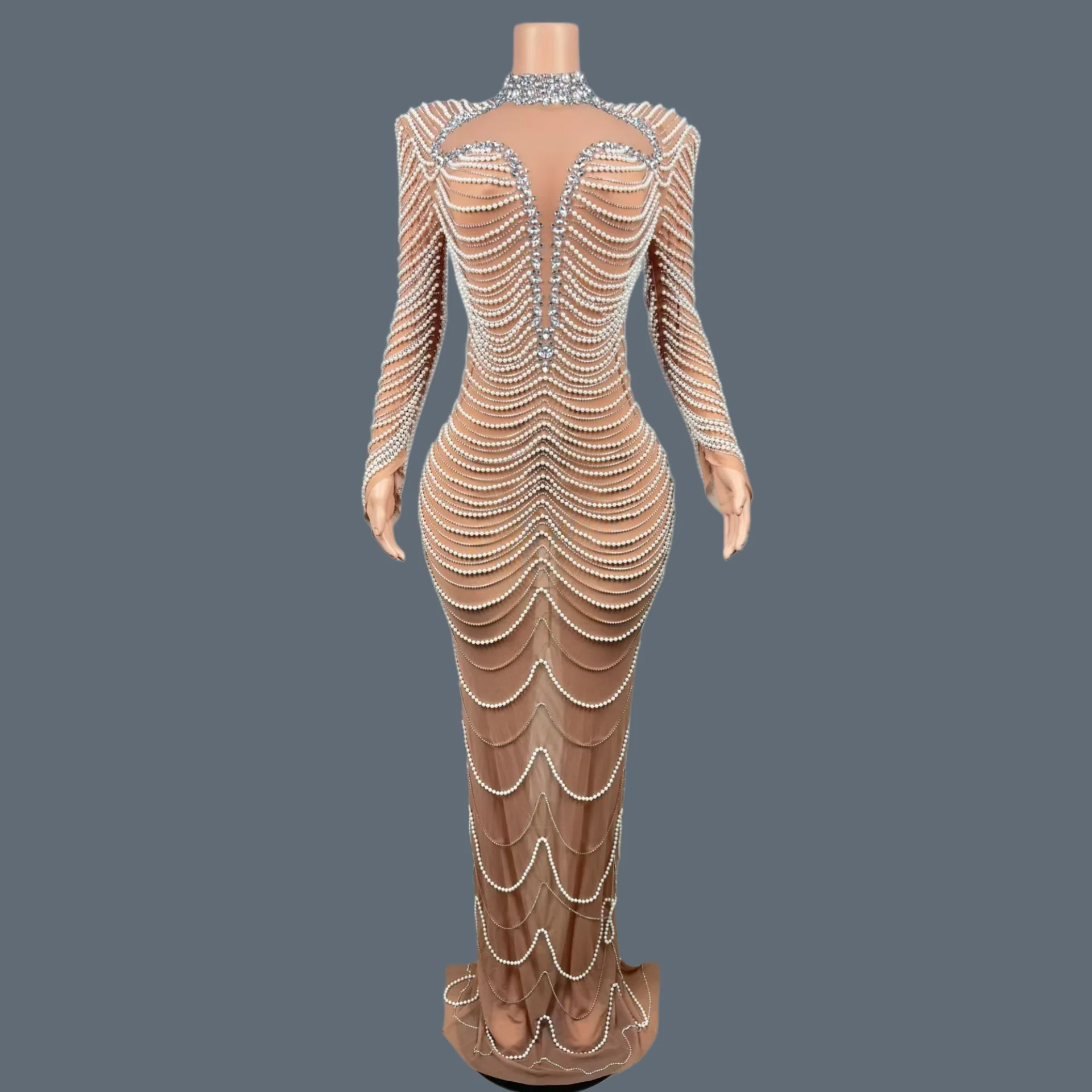 

Women Pearls Mesh Evening Gown Gala Party Elegant Formal Long Sleeves Long Dress Sparkly Crystals High-end Sexy Outfit Xuanwo