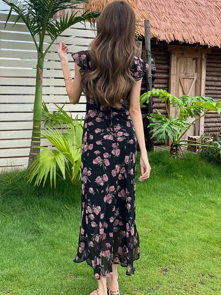 2025 สีดําชีฟองดอกไม้บินแขนเก๋ลูกไม้คอวีชุดผู้หญิงวินเทจB Odyconหรูหราชุดยาวฤดูร้อนชุดพรหมหรูหรา