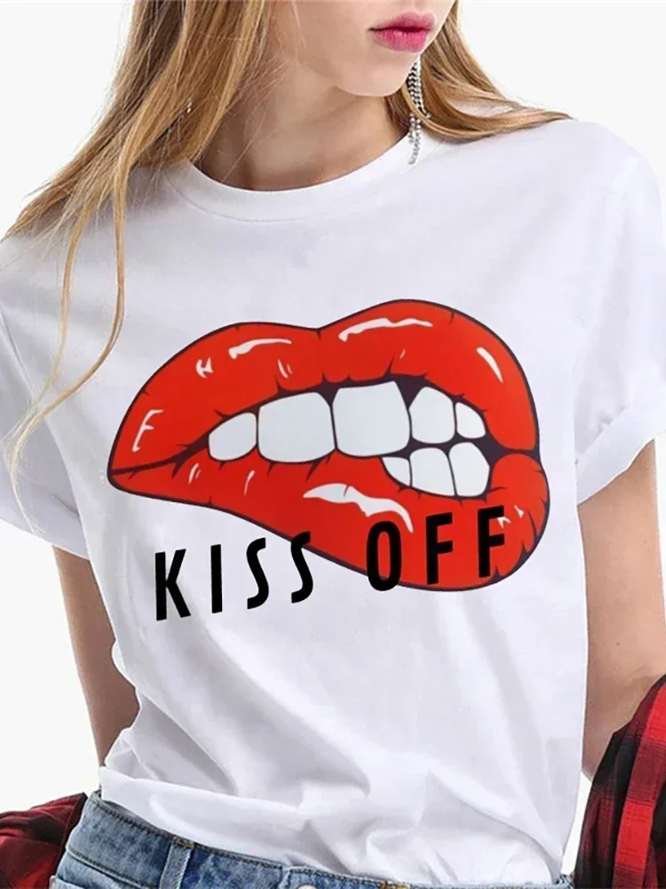 Woman\'s T-shirt Blouse Fashion Sexy Red Lip Tops Funny Kiss  Short Sleeve Female White Harajuku Clothes Streetwear Tops Y2k