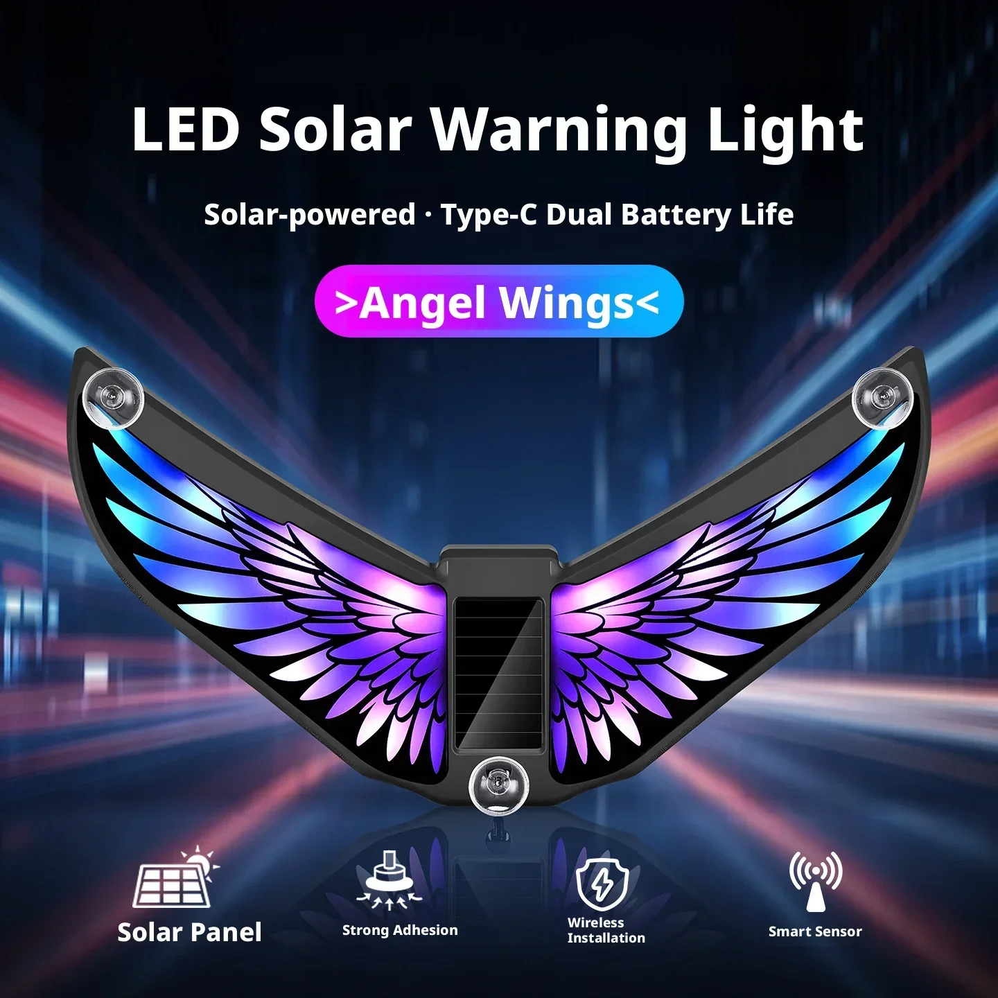 Solar Car LED Colorful Ambient Strobe Warning Light Type-C Dual Charge Dual Sensor Multi Modes Universal Interior Car Decor Lamp
