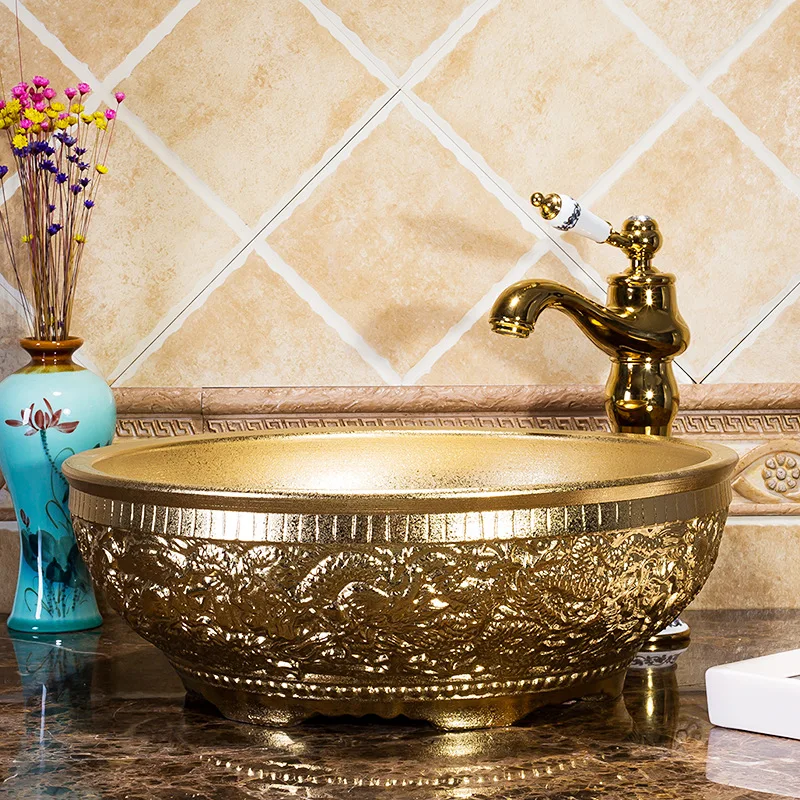 Jingdezhen ceramic table basin art basin engraved golden hand washbasin