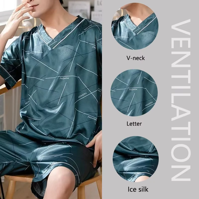 Pajamas Men Ice Silk Thin Short-Sleeved Two-Piece Suit Korean Version of the Loose Large Size Men Home Clothing with Letters