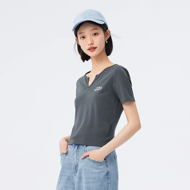 Semir Short-sleeved T-shirt Women Short Tight Casual 2023 New Summer Embroidered Pullover Versatile T-shirt