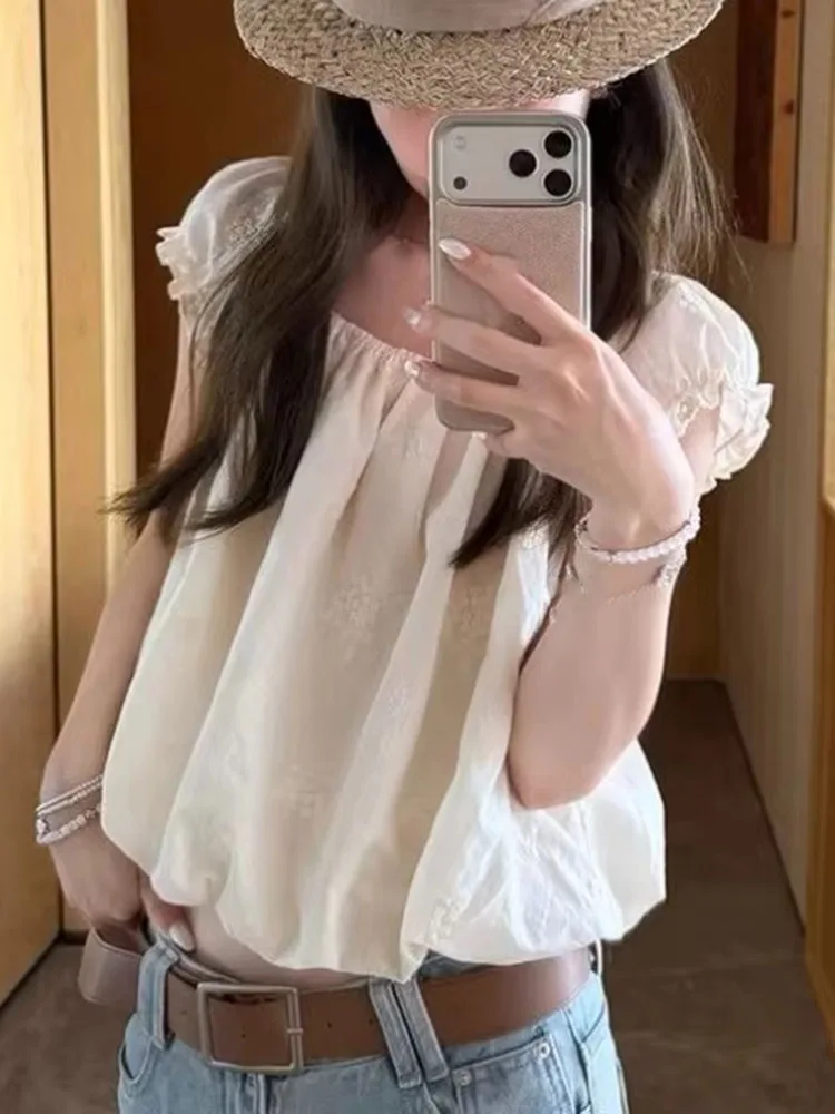 Blouse Women Sweet Loose Puff Short Sleeve French Style Chic Elegant Fashion Shirts Ladies Casual Summer New Tops