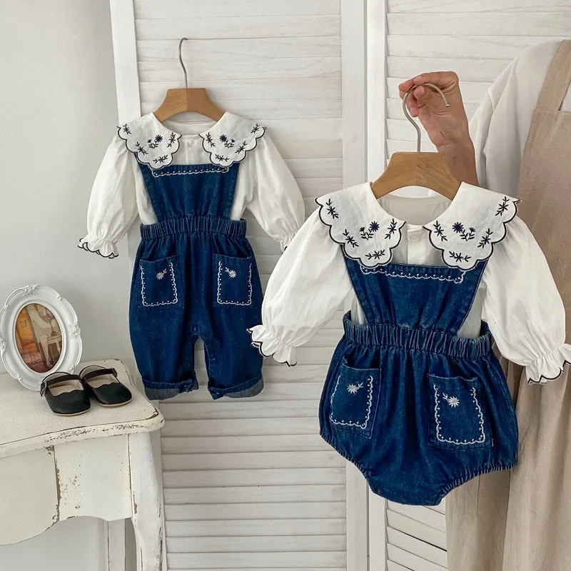 

2024 New Baby Girl Clothes 0-3Years Kids Long Sleeve Embroidery Shirt Tops Denim Romper Elastic Waist Jeans Jumpsuit Overalls