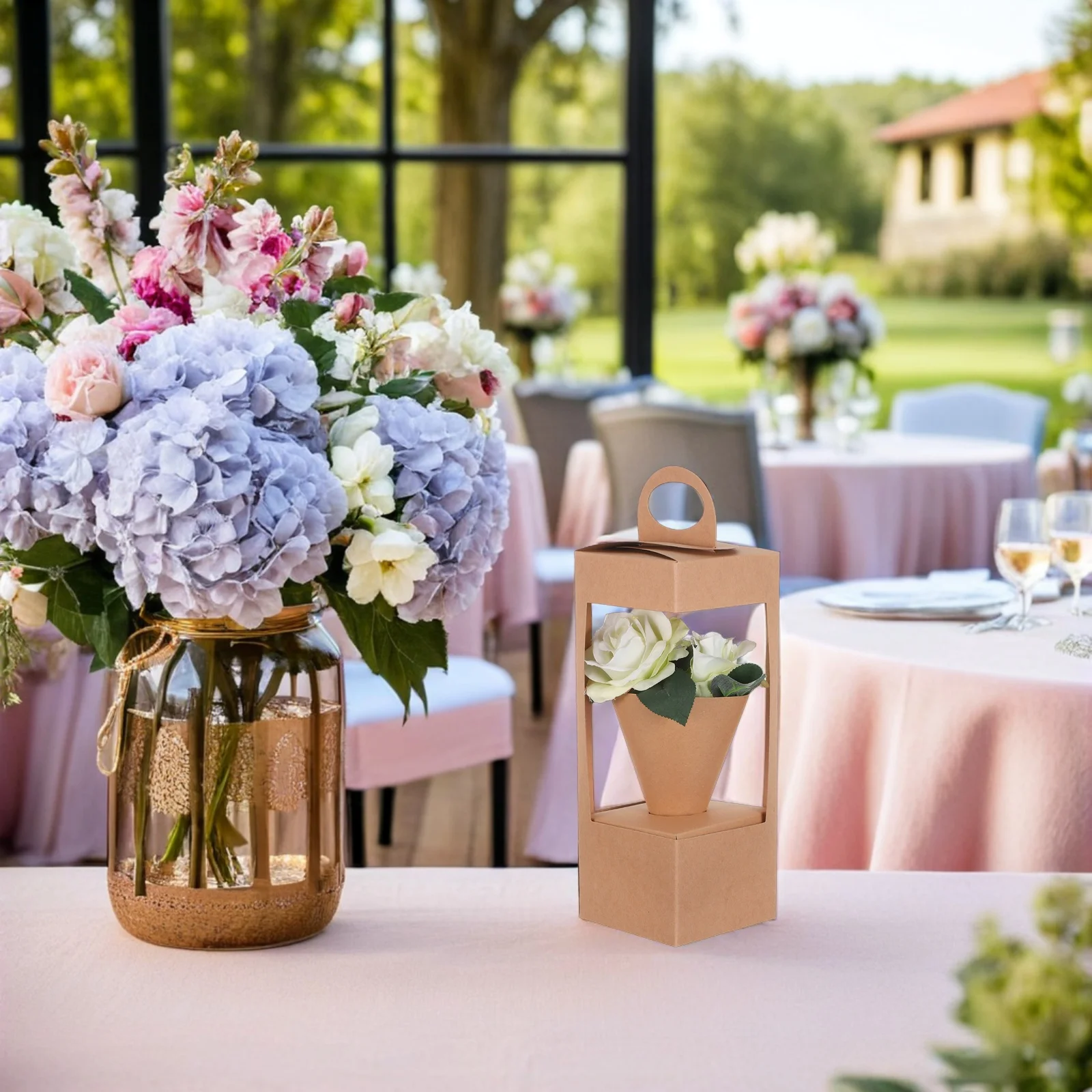 10 個の紙の花かごハンドル付き素朴なドライフラワーアレンジメントボックス結婚式パーティーイベントギフトポータブル花