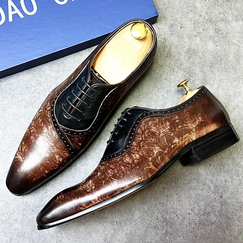 Luxury Brand Men Oxford Shoes Lace Up Pointed Toe Mixed Colors Fashion MAN SHOE Dress Wedding Office Real Leather Men's Shoes