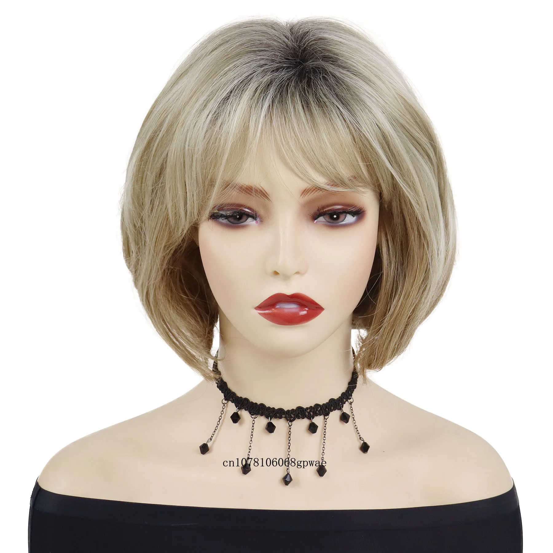 Bob Cut Natural Synthetic Hair Wig Blonde Wigs with Bangs for Women Lady Daily Dress Party Adjustable Cap Size Heat Resistant