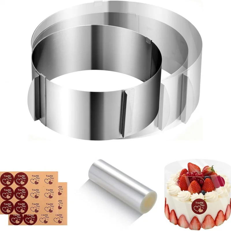 

【10cm Stainless Steel Mousse Ring & 5m Cake Collar 】Baking Decor Set with Stickers, Professional Pastry Packaging Tools