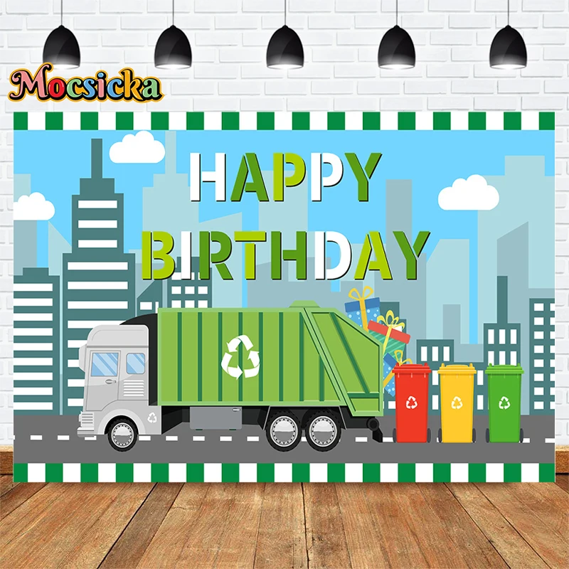 MOCSICKA Boys Happy Birthday Photography Background Gift Stand Backdrop Green Sanitation Truck Banner Photo Studio Props