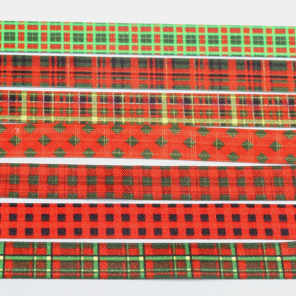 DHK 5/8'' 5yards Christmas Plaid Grid Checked Printed Fold Elastic FOE Stretch Ribbon Accessories Craft DIY Sewing C2633