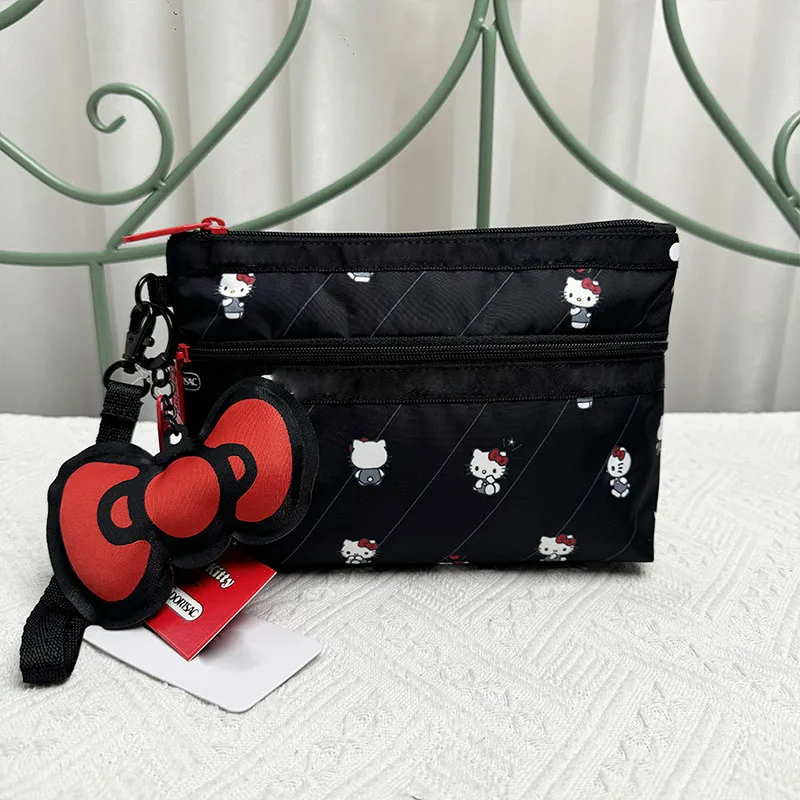 New MINISO Sanrio Hello Kitty Cartoon Black Nylon Printing Casual Commute Backpack Large Capacity Travel Bag Girl Cosmetic Bag