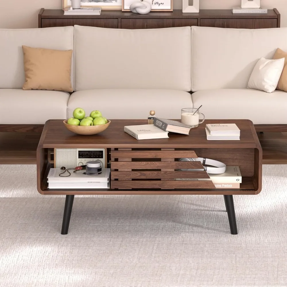 

Modern Coffee Table, Coffee Table for Living Room, 39.4 Fluted Design with Sliding Door Storage & Open Shelves