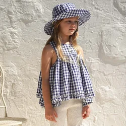 Retro Plaid Girls Sleeveless Pleated Tops Summer New Pastoral Style Cotton Casual Loose Children's T-Shirts TZ148
