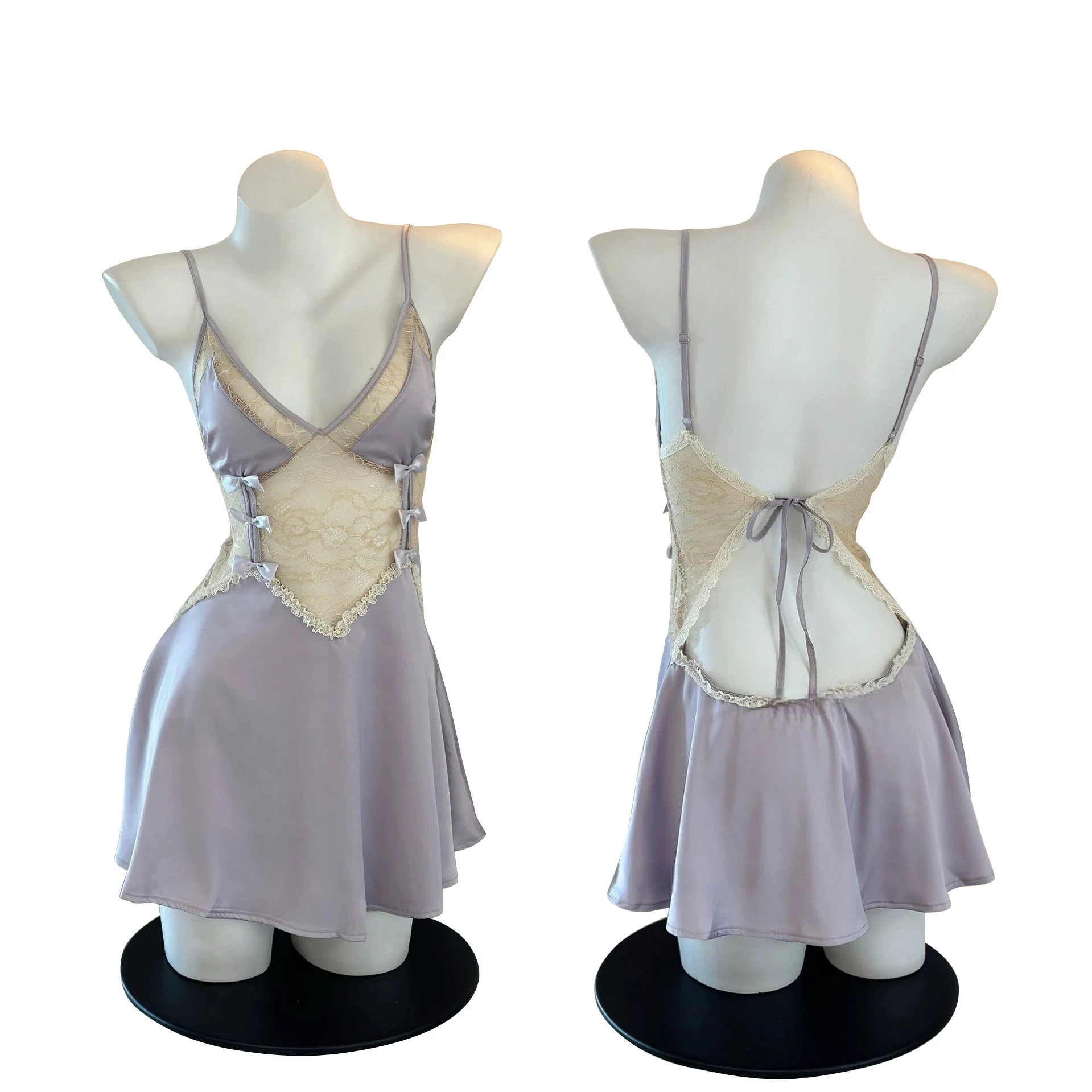 

Pure Desire Backless Summer Sexy Ice Silk Lace Strap Beautiful Back Sleep Dress High-End Sensation Home Clothes Women's Style