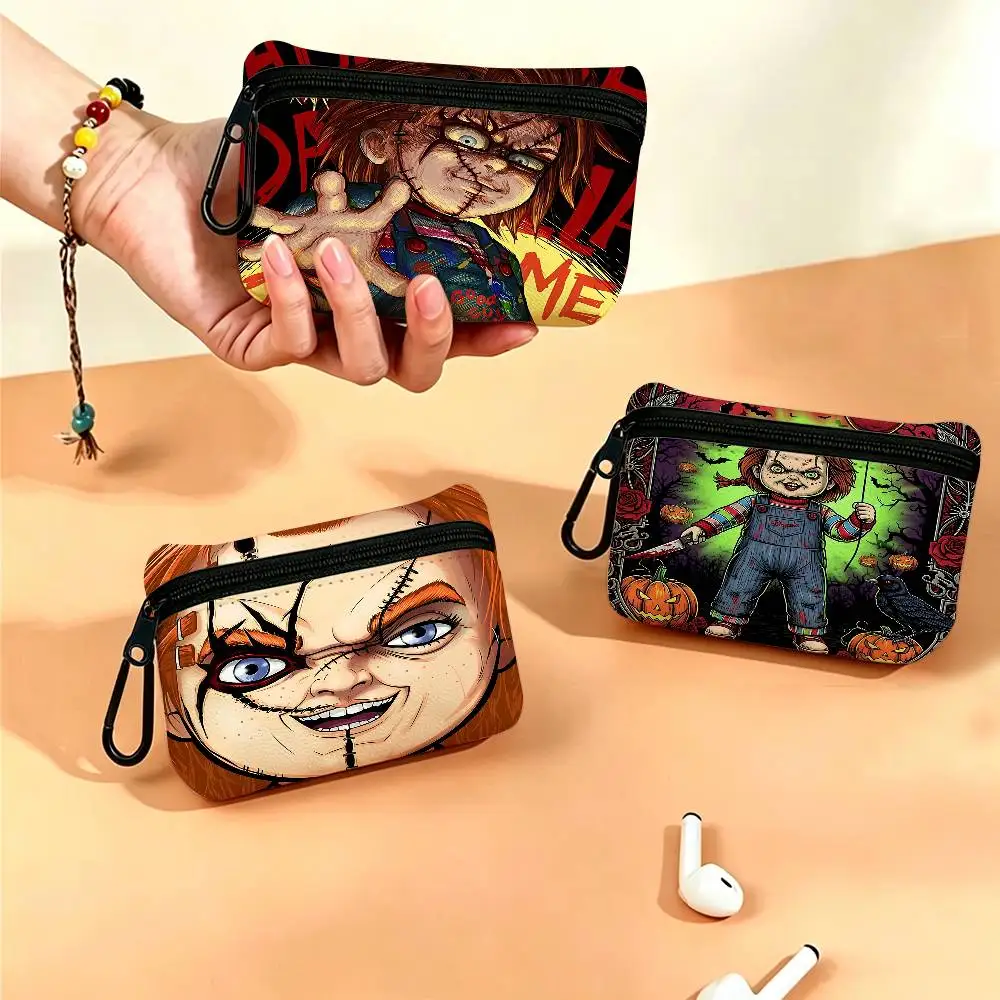 Chucky Doll Horror White Oxford Cloth Zipper Coin Purse Lightweight Hanging Key Pouch Card Holder For Daily Use
