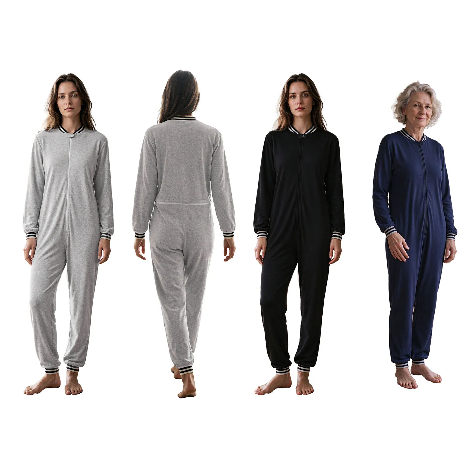 Men Women Elderly Adaptive Jumpsuit Striped Collar Cuffs Legs Long Sleeve Anti-strip Jumpsuit with Front Side Back Waist Zipper