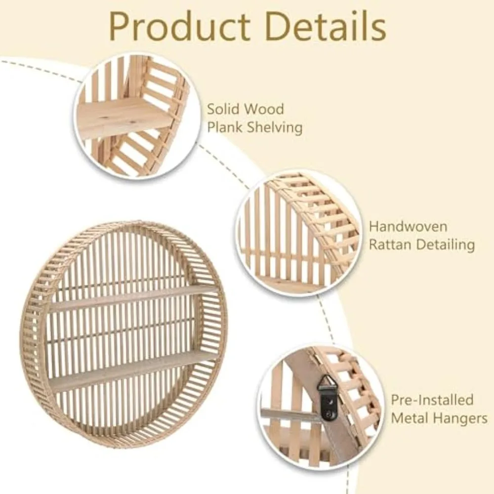 Rattan Wall Shelves 3 Tier Boho Wall Mounted Shelves Farmhouse Handcraft Round Floating Shelf Display Circular Hanging Shelf