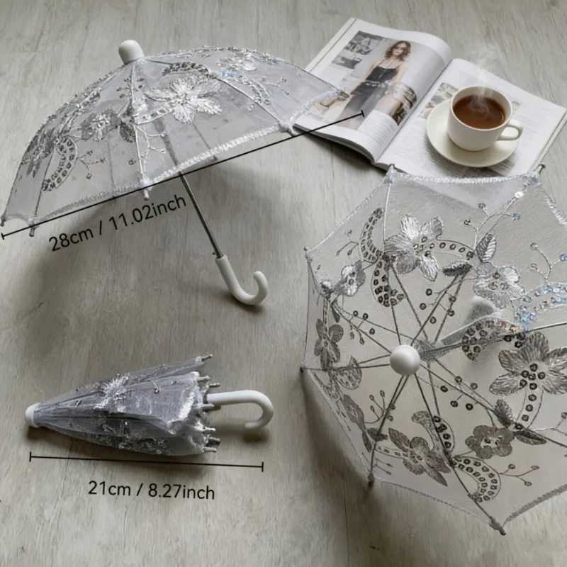 8pcs Handmade Embroidered White Lace Umbrellas Party Decorative Portable Mini Umbrellas for Weddings and Dance Performances Gift