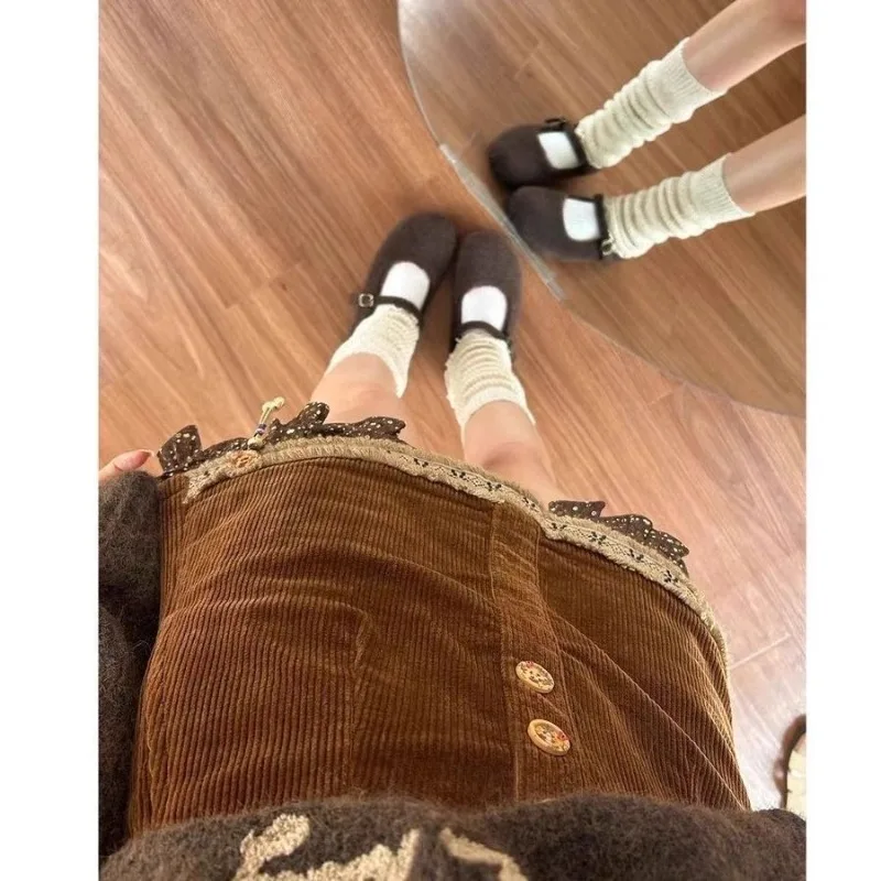 Skirt Pantskirt Woman Retro Corduroy Broken Flowers Lace Lotus Leaf Lace New Comfortable Brief Leisure Minority Individuality