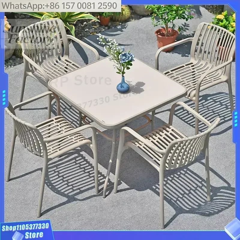 Modern Outdoor Patio Furniture Set Beige Wood Waterproof UV-Resistant Dining Table and Chairs for Garden Balcony Backyard