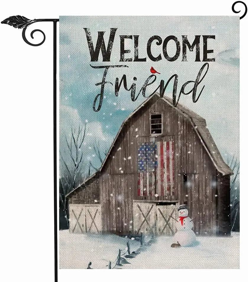 Hzppyz Welcome Friend Winter USA Country Barn Farm Garden Flag Double Sided, Snowman Cardinal Decorative House Yard Outdoor Smal