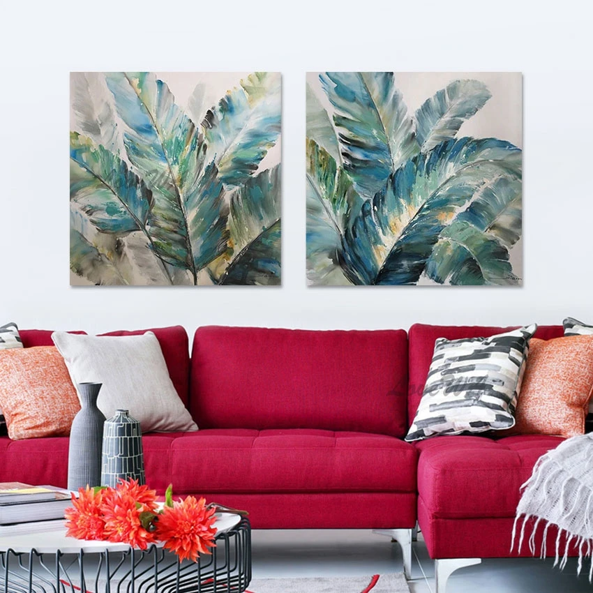 3d Beautiful Handmade Natural Scenery Painting Canvas Wall Art Abstract Green Leaf Picture 2pcs Without Framed Decor Artwork