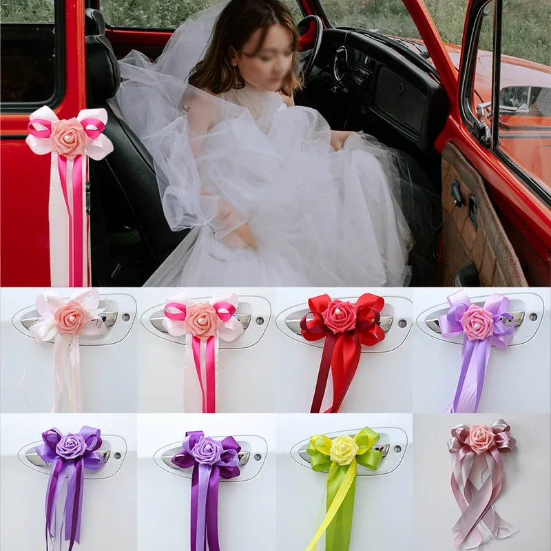 10Pcs Door Handles Wedding Car Decoration Rearview Mirror Flower Wedding Decoration Auto Flowers Valentine's Day