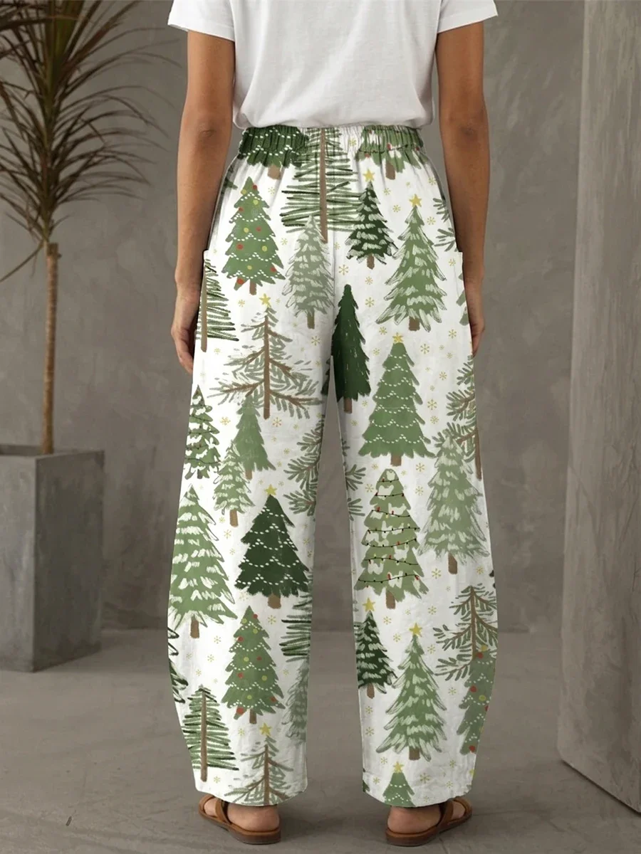 New Cute Christmas Tree Print Baggy Pants High Waist Elastic Loose Wide Leg Long Trousers Women Casual Streetwear Pockets