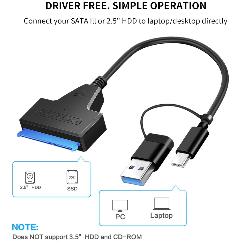 KEBIDUMEI SATA to USB 3.0/Type-C Adapter Sata Cable 2.5/3.5 Inch SSD HDD SATA III Hard Drive Disk with 12V/2A Power Adapter