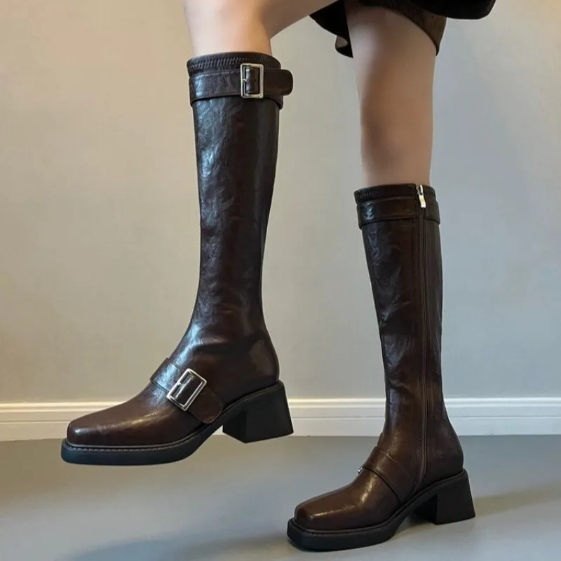 

Hot Selling Women's Knee High Boots Fashion Round Toe Zip Metal Buckle Soft Slip Block Heel Boots