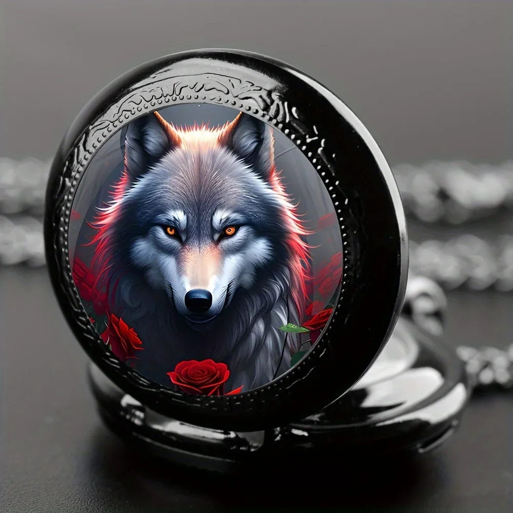 Creative Wolf Pattern Quartz Pocket Watch, Glass Dome Arabic Numerals Dial Clock For Men And Women
