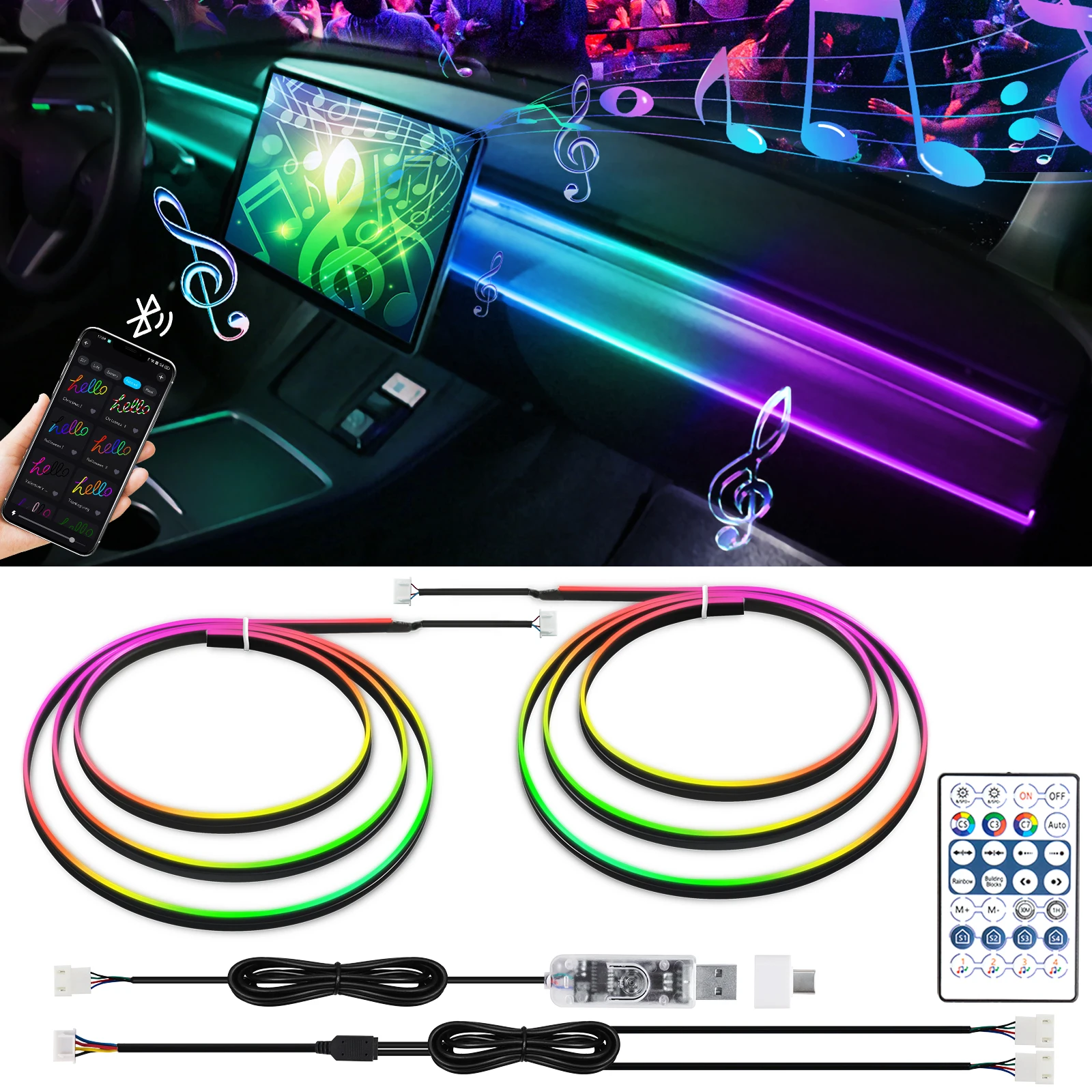 Vgetting Symphony Ambient Lights 60s Module 2-in-1 Universal Car LED RGB Atmosphere Lamp USB APP Remote for Tesla Model 3 Y S X