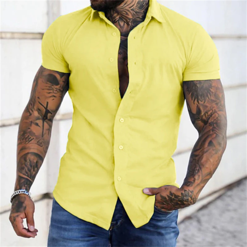 Short sleeved lapel shirt elastic thin solid color sports casual cardigan business no iron shirt oversized xs-4xl