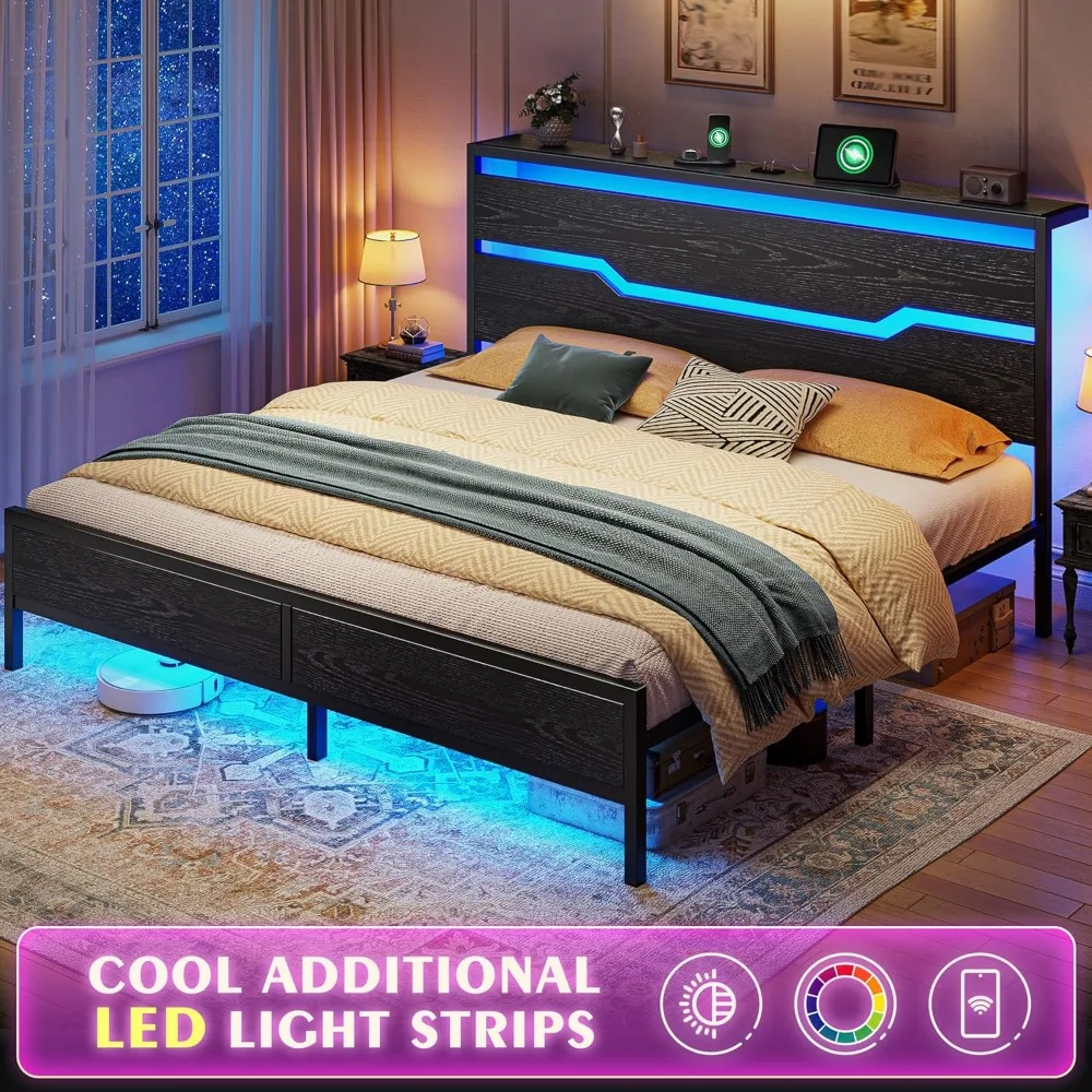إطار سرير بحجم كينج مع مصابيح LED ومحطة شحن، وإطار سرير كينج ولوح رأسي، وتخزين تحت السرير 13، ودعم شرائح معدنية، لا