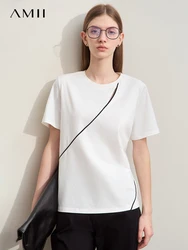 Amii Minimalism 2024 Summer New O-Neck Women T-shirts Patchwork Geometric Split Hollow Short-sleeved Trendy Female Tops 12442029