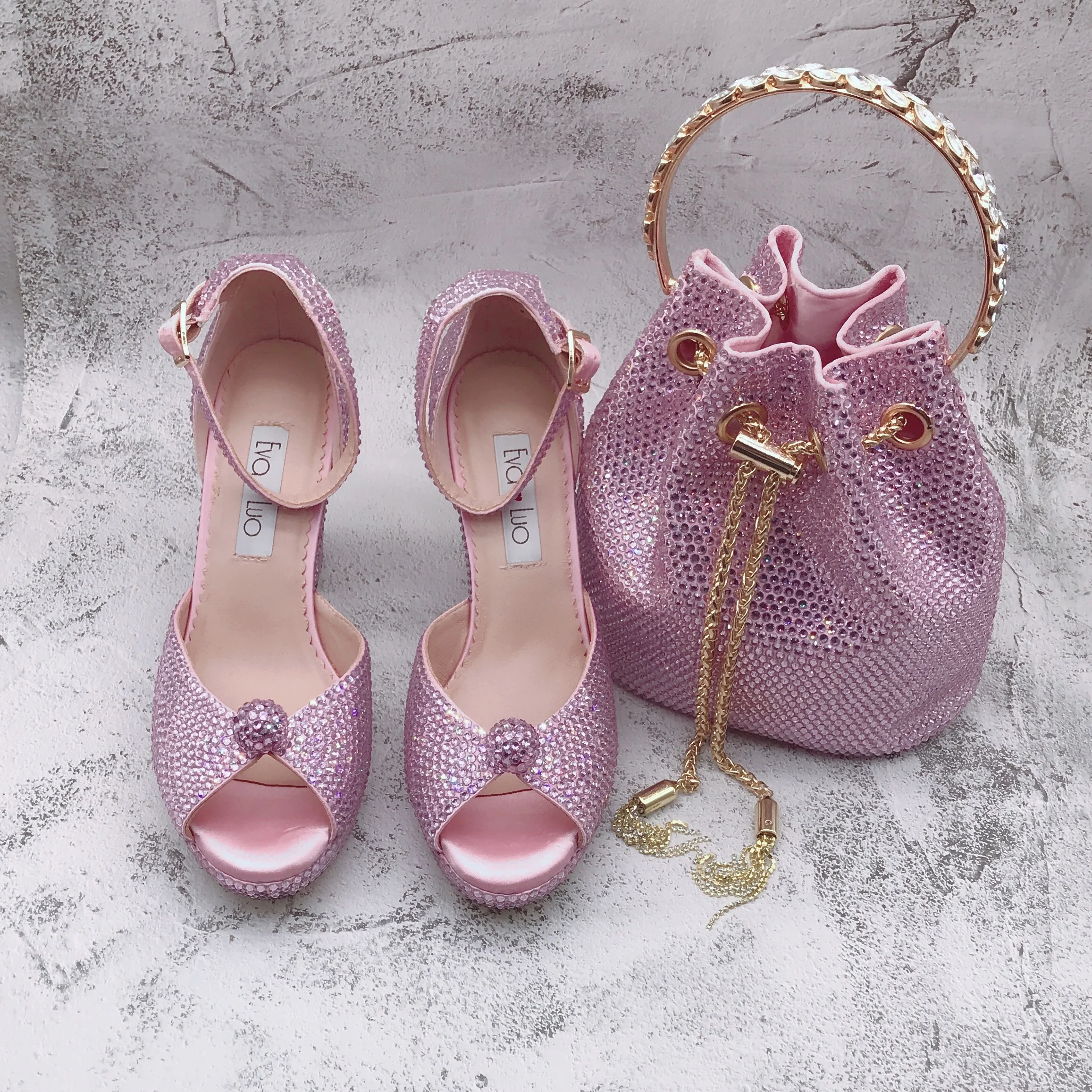 BS1727  Luxury Custom Made Shinning Fuchsia Pink Rhinestone  Nigerian Italian  Shoes And Bag Set  For Birthday Wedding Party