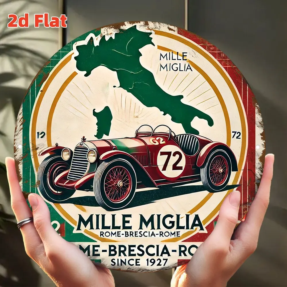 Vintage Mille Miglia Since 1927 No.72 Race Car Italy Map Round Metal Tin Sign - Retro Italian Motorsport Themed Wall Decor for G