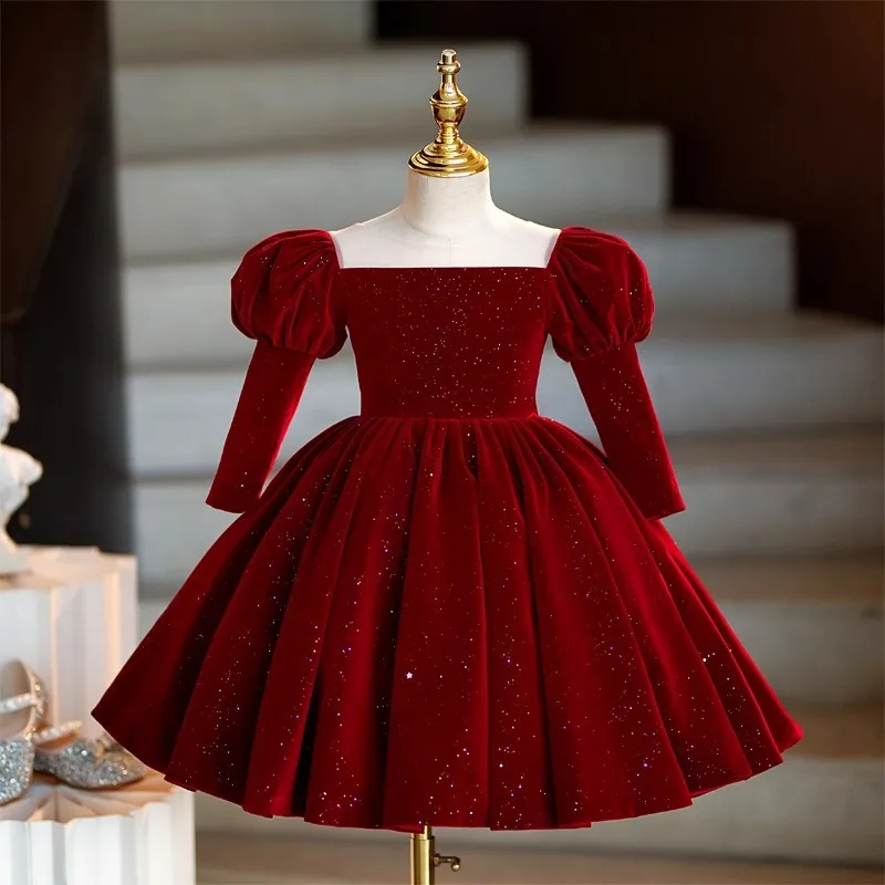 

New Wine red velvet long sleeve Flower girl dress for Wedding girls' princess dress Party Ball Gow baby first birthday Clothing