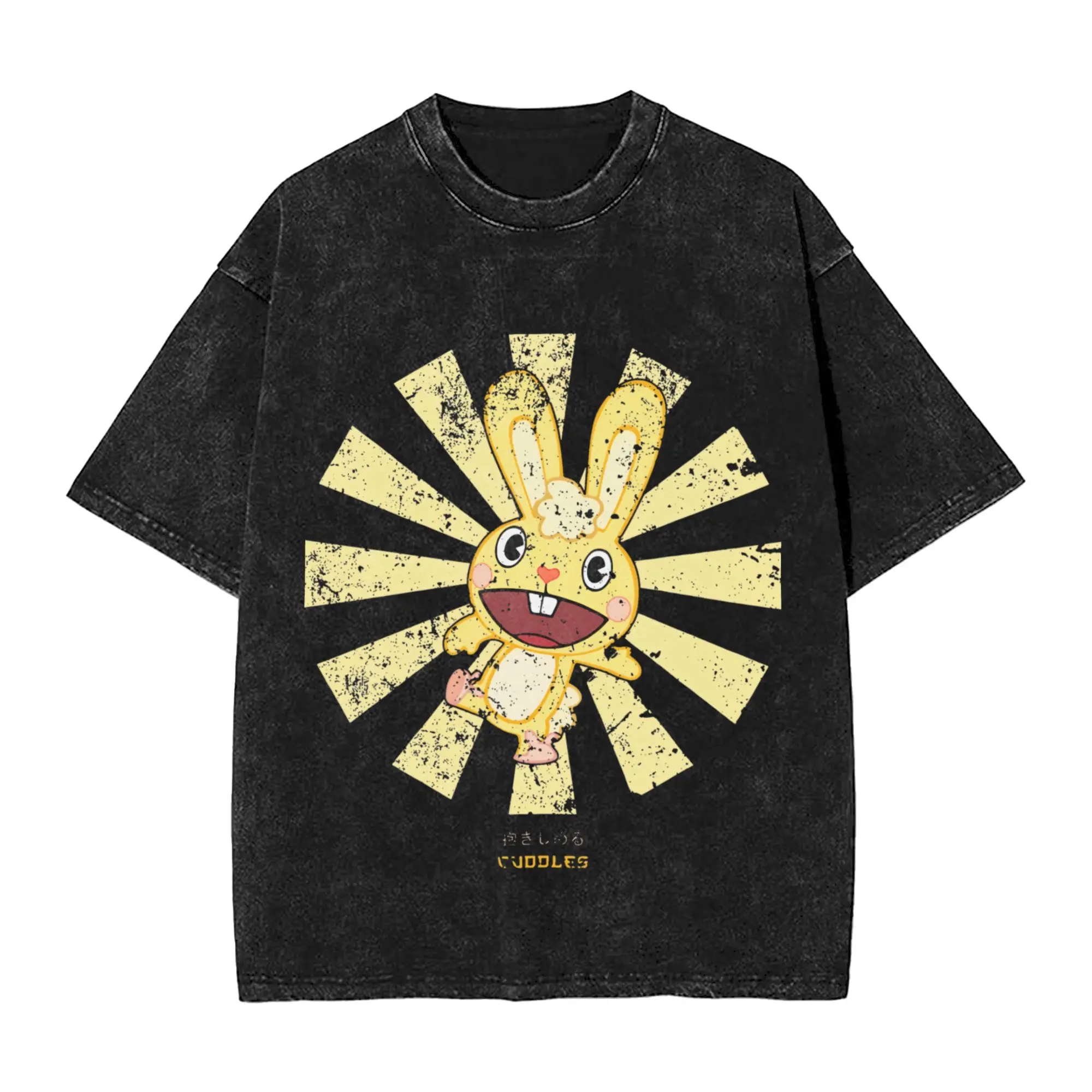 Cuddles Retro Japanese Happy Tree Friends  Washed T Shirt Streetwear Hip Hop Fashion T-Shirt  Tees for Men Women
