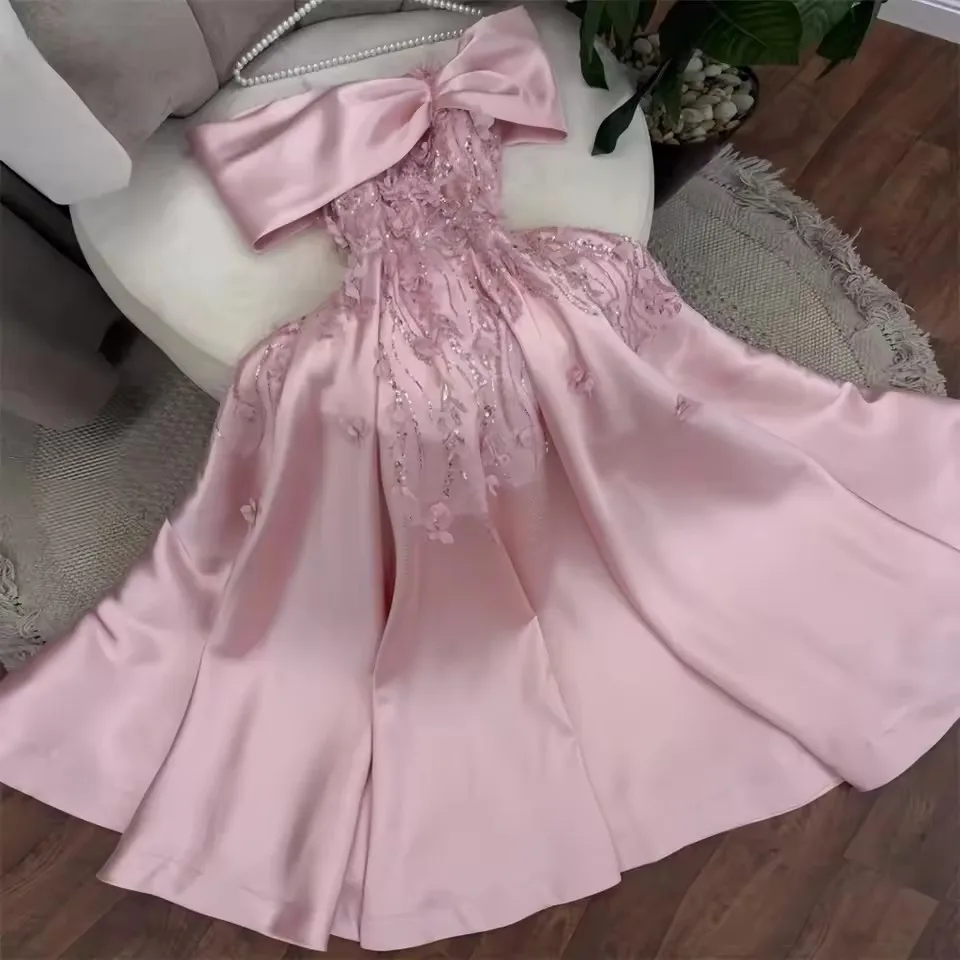 

Customized Pink Evening Party Dresses Embroidery Satin Pleated Prom Dresses Knee-Length Dresses For Special Occasions