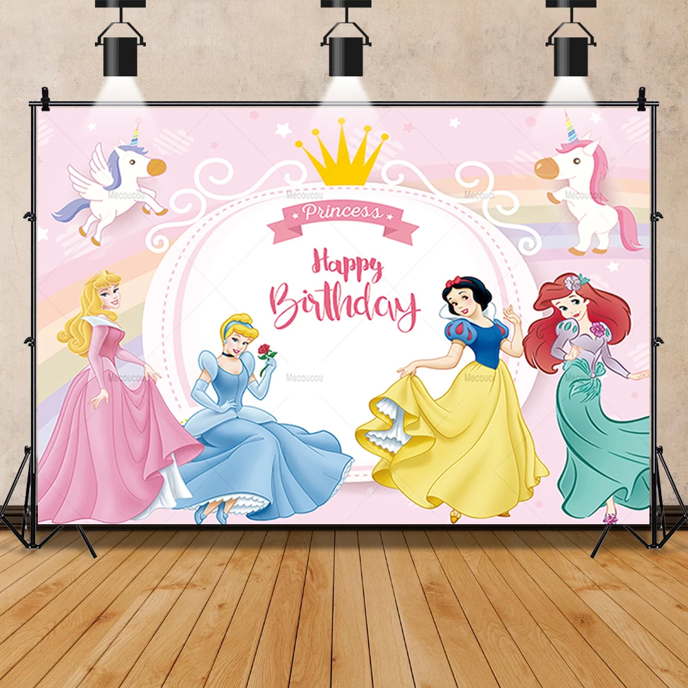 Disney Princess Mermaid Elsa Long Hair Snow White Girls Birthday Party Banner Backdrop Custom Baby Photo Poster Decor Background