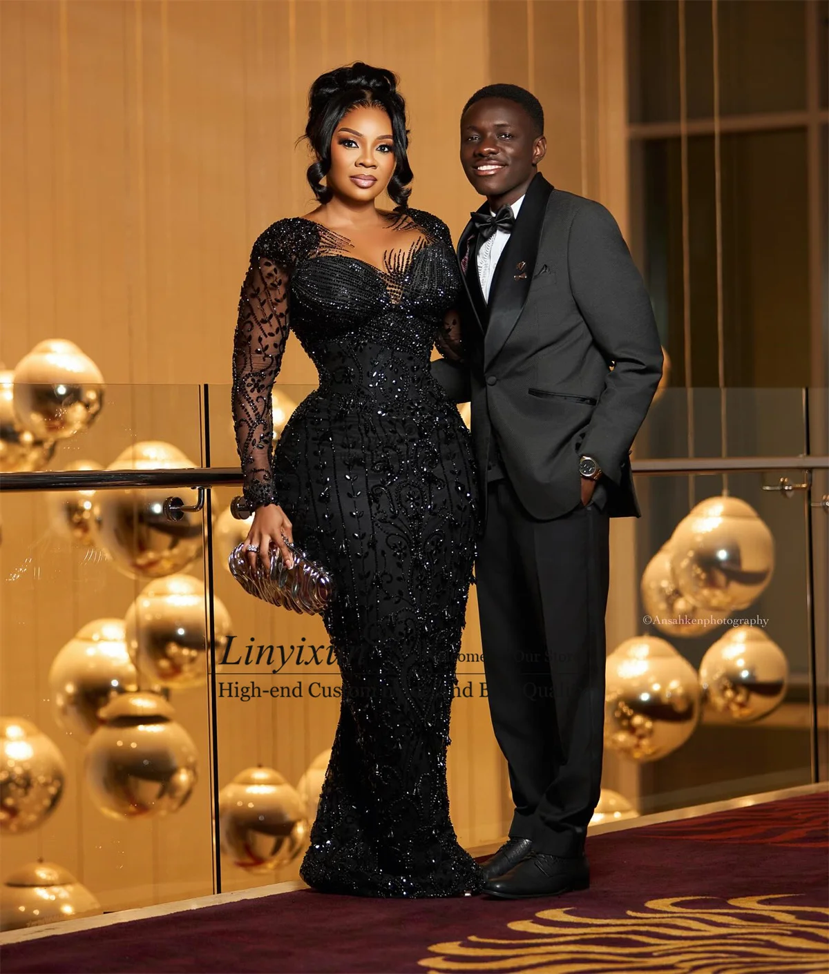 Glitter Beaded Diamond Prom Dresses Full Sleeves Wedding Eevening Reception Gowns Customized Formal Long Aso Ebi Robe De Soiree