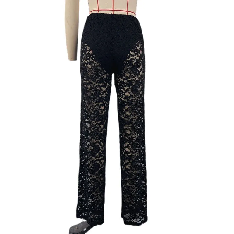 Sexy See Through Lace Hollow Out Women Pant White Black High Waist Wide Leg Female Summer Casual Streetwear Club Straight Pants