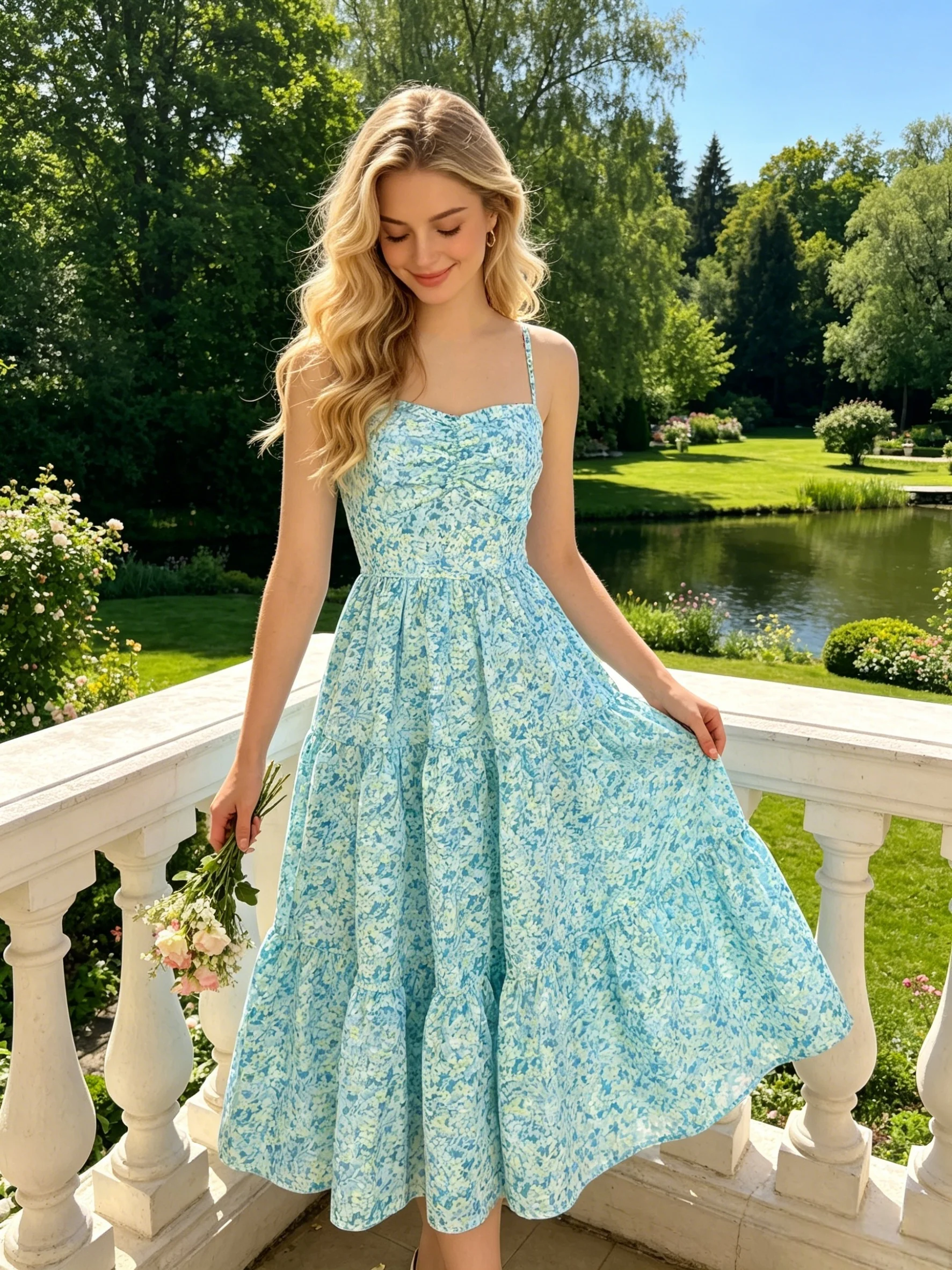 Boho Floral Ruched Tiered Midi Maxi Dress French Sexy Backless Spaghetti Strap Summer Beach Holiday Party Long Dress