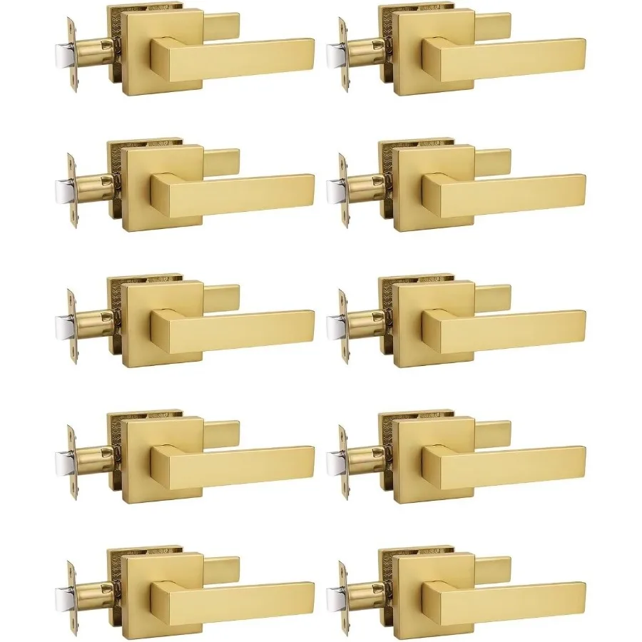 10 عبوات من مقابض عتلات مربعة بدون مفتاح ذهبية مع لمسة نهائية من النحاس الساتان لمجموعات أقفال أبواب الممر الداخلي بتصميم عكسي مناسب