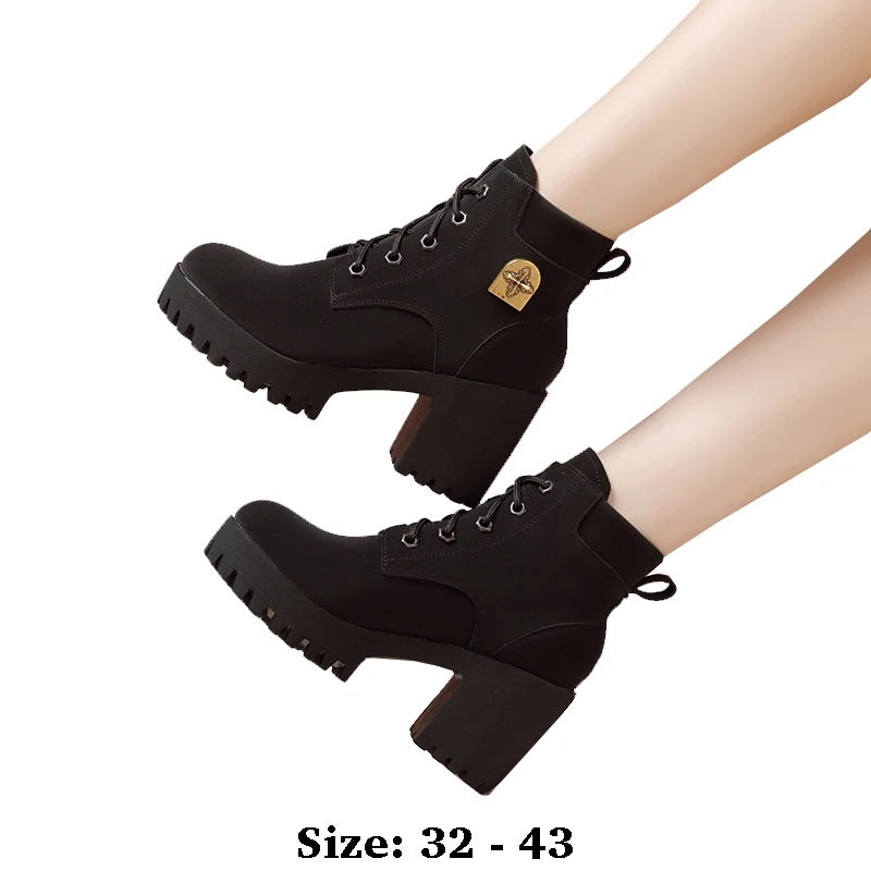 

High quality short ankle leather boots for women 8cm 10cm high heel platform 32 33 34 autumn winter elegant shoe black brown