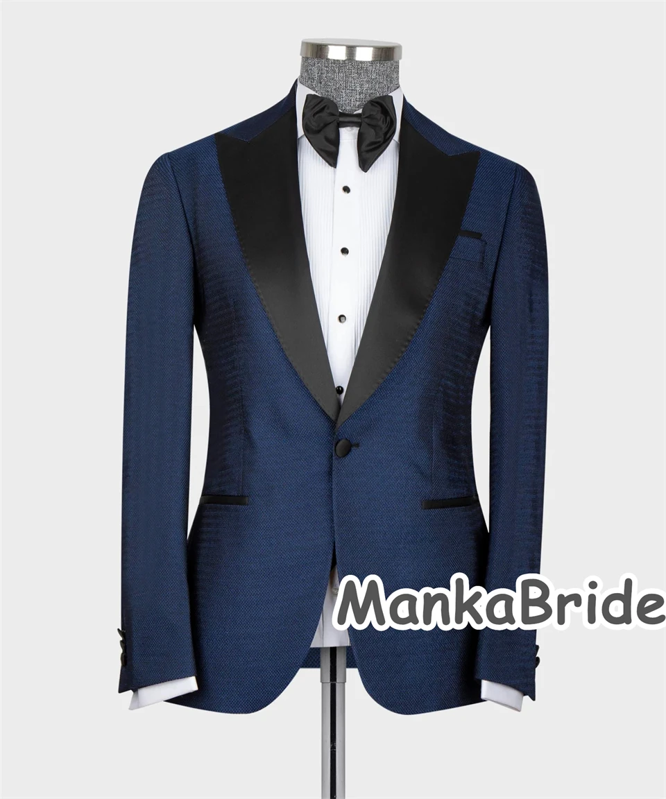 Smoking de Marié à Revers Bleu Marine-Noir pour Homme, Vêtements d'Affaires Personnalisés, Blazer Glacé, Tenue de Bal Formelle Imbibée, 3 Pièces