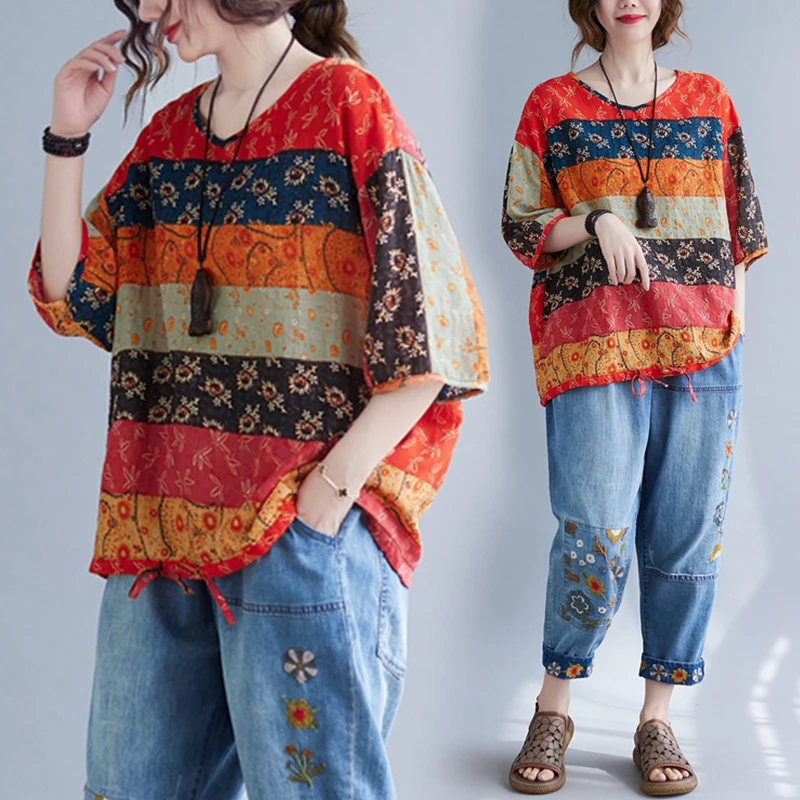 

plus Size Women's Cotton Linen T-irt V-Ne Seven Sve Printed Loose Fit Dstring Belly Covering Artistic Sle Top